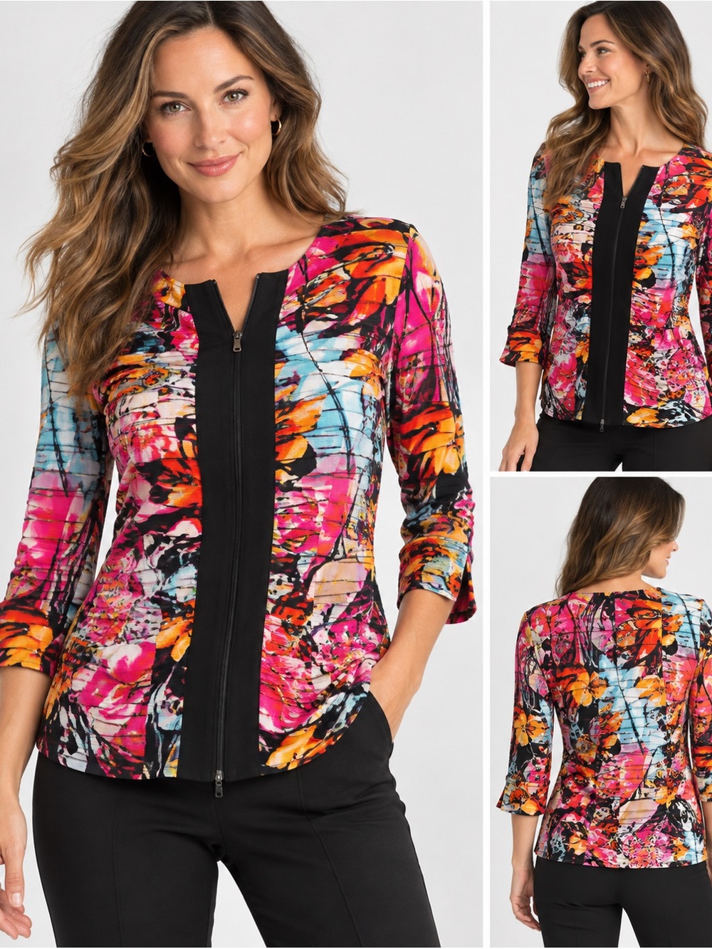 Joseph Ribkoff Top Womens 10 Abstract Floral Zip Front 3/4 Sleeve Artsy Colorful